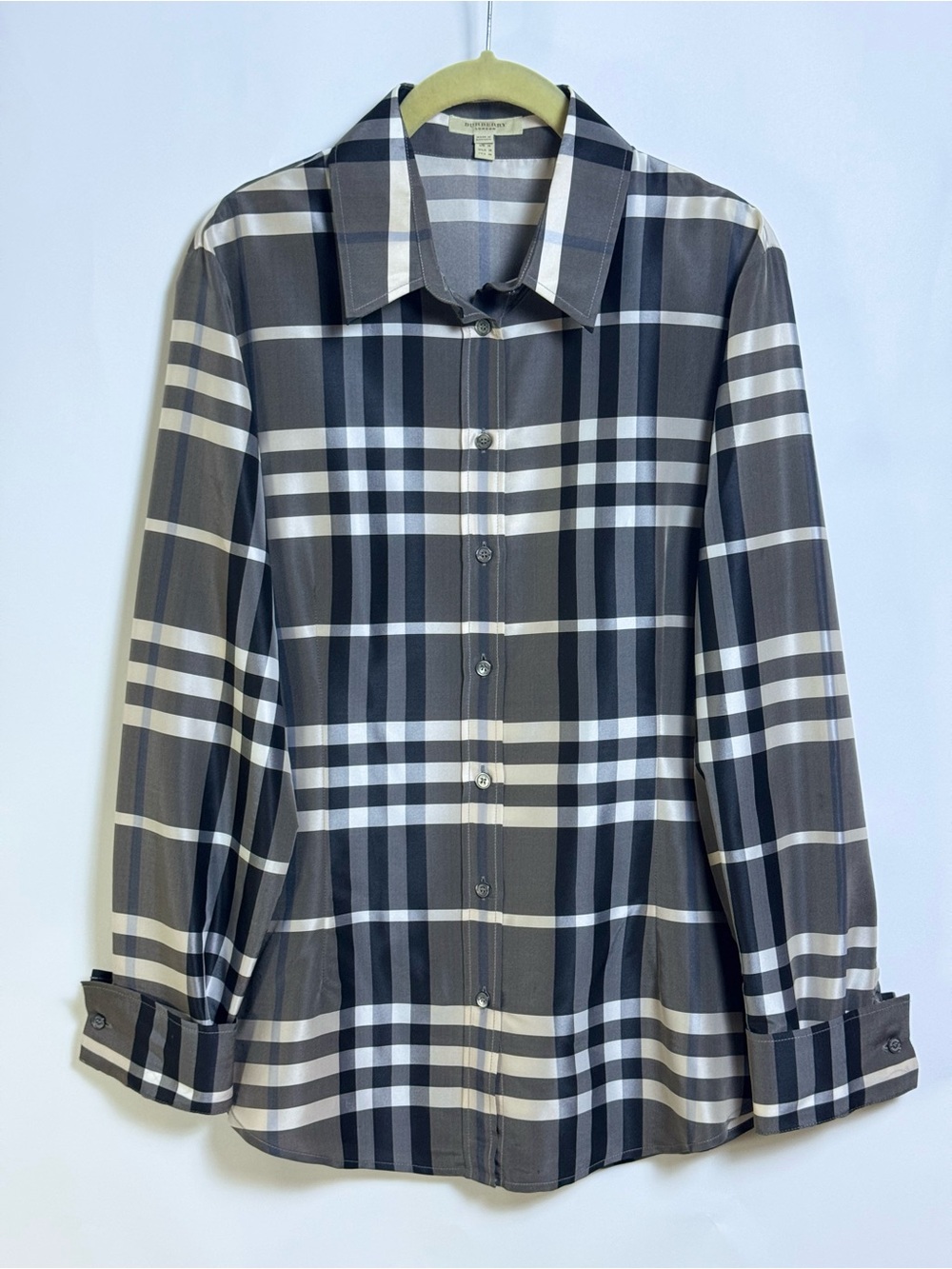 Burberry London Gray Nova Check Silk Blend Button Down Shirt Women’s 14